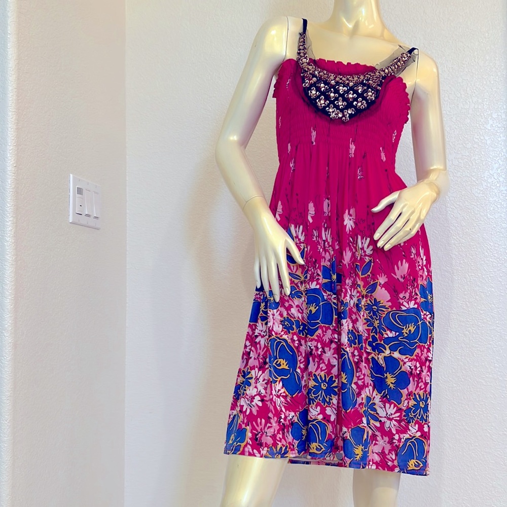 MEILING FASHION - Hot Pink Floral Embellished Neckline Midi Dress - One Size